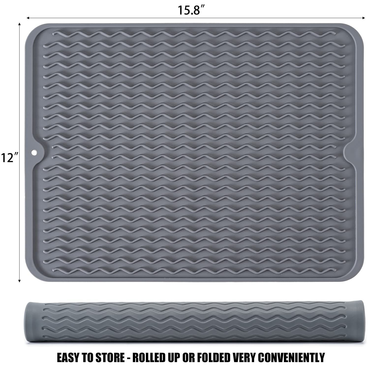Silicone Dish Drying Mat, Non-Slip Easy Clean Sink Mat Large Heat-resistant Dish Drainer Mat for Kitchen Counter, Sink, Refrigerator or Drawer liner (16" x 12", GREY)
