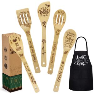 personalized mother’s day gifts for mom from daughter son - mom birthday gifts women christmas gifts - wooden cooking spoons with funny apron kitchen cooking gift set
