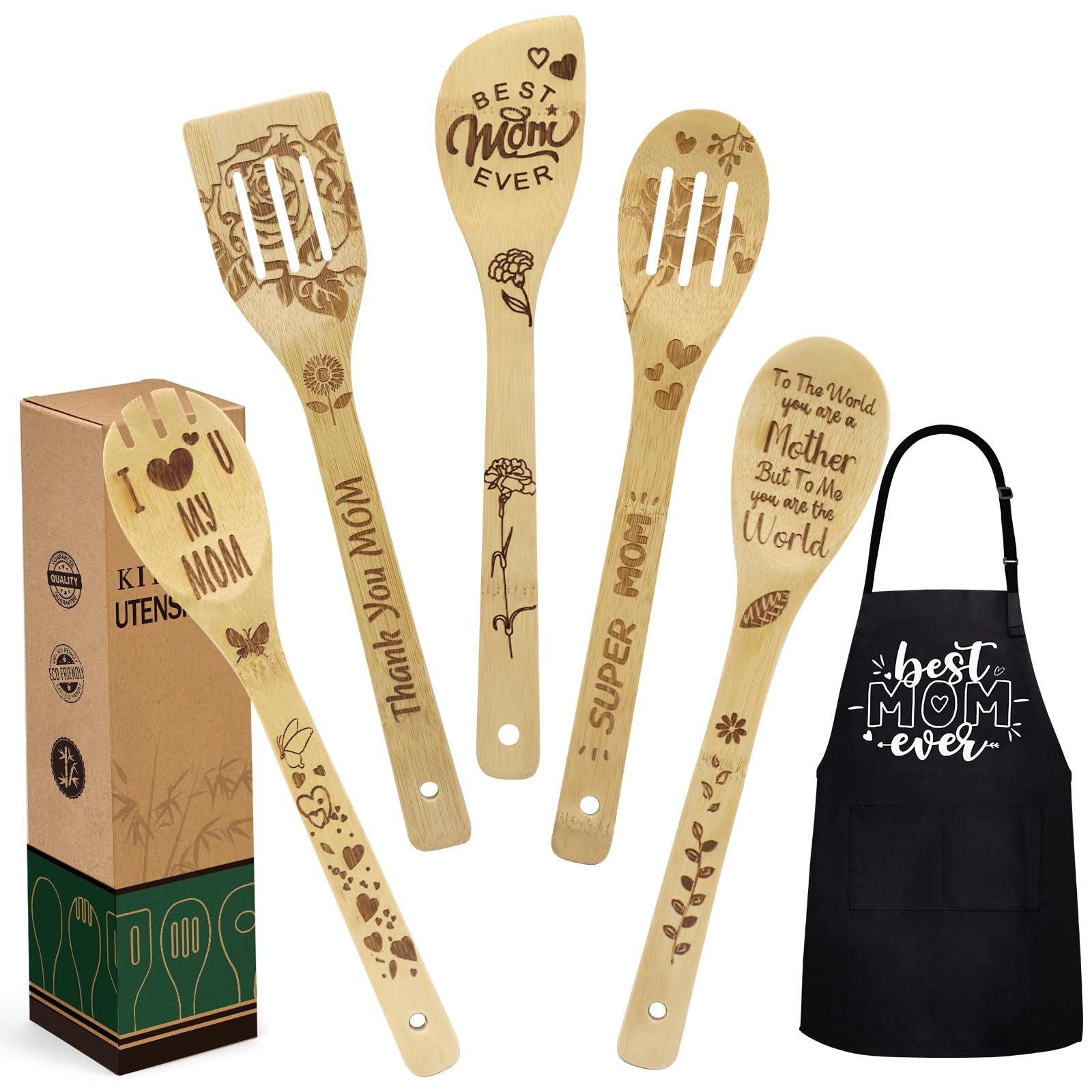 Personalized Mother’s Day Gifts for Mom From Daughter Son - Mom Birthday Gifts Women Christmas Gifts - Wooden Cooking Spoons with Funny Apron Kitchen Cooking Gift Set