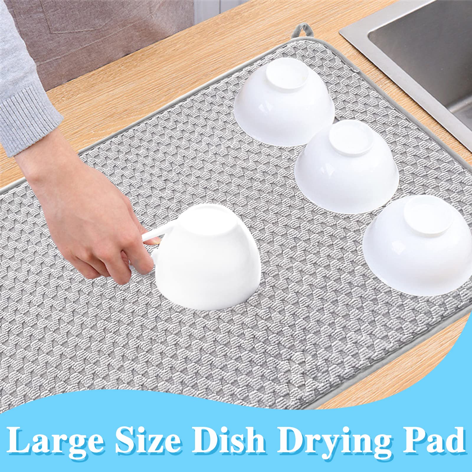 2 Pack Microfiber Dish Drying Mat,24*17 inch Absorbent Dish Drainer Kitchen Counter,Large Size Dish Drying Pad for Countertops,Sinks,Draining Racks(Gray)