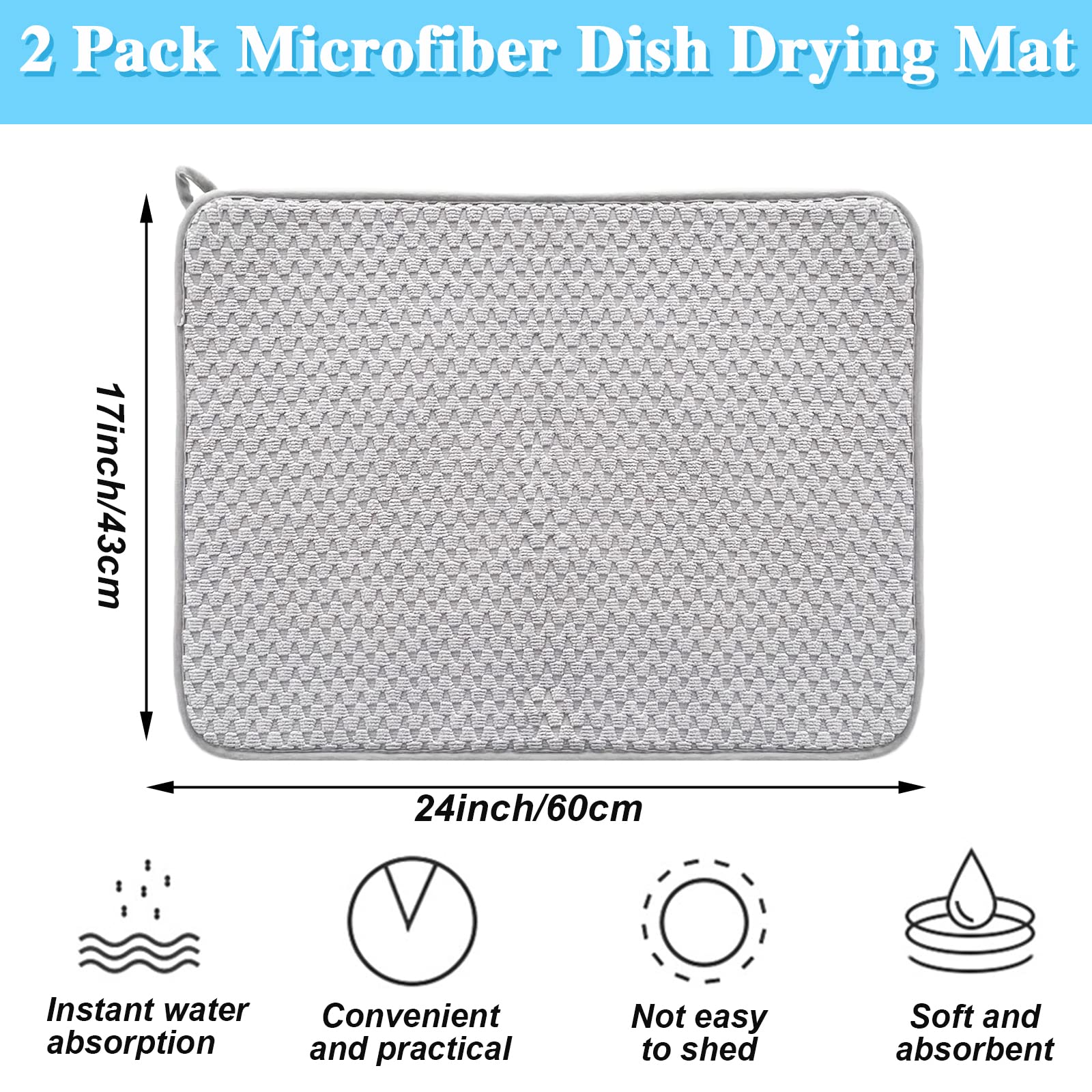 2 Pack Microfiber Dish Drying Mat,24*17 inch Absorbent Dish Drainer Kitchen Counter,Large Size Dish Drying Pad for Countertops,Sinks,Draining Racks(Gray)