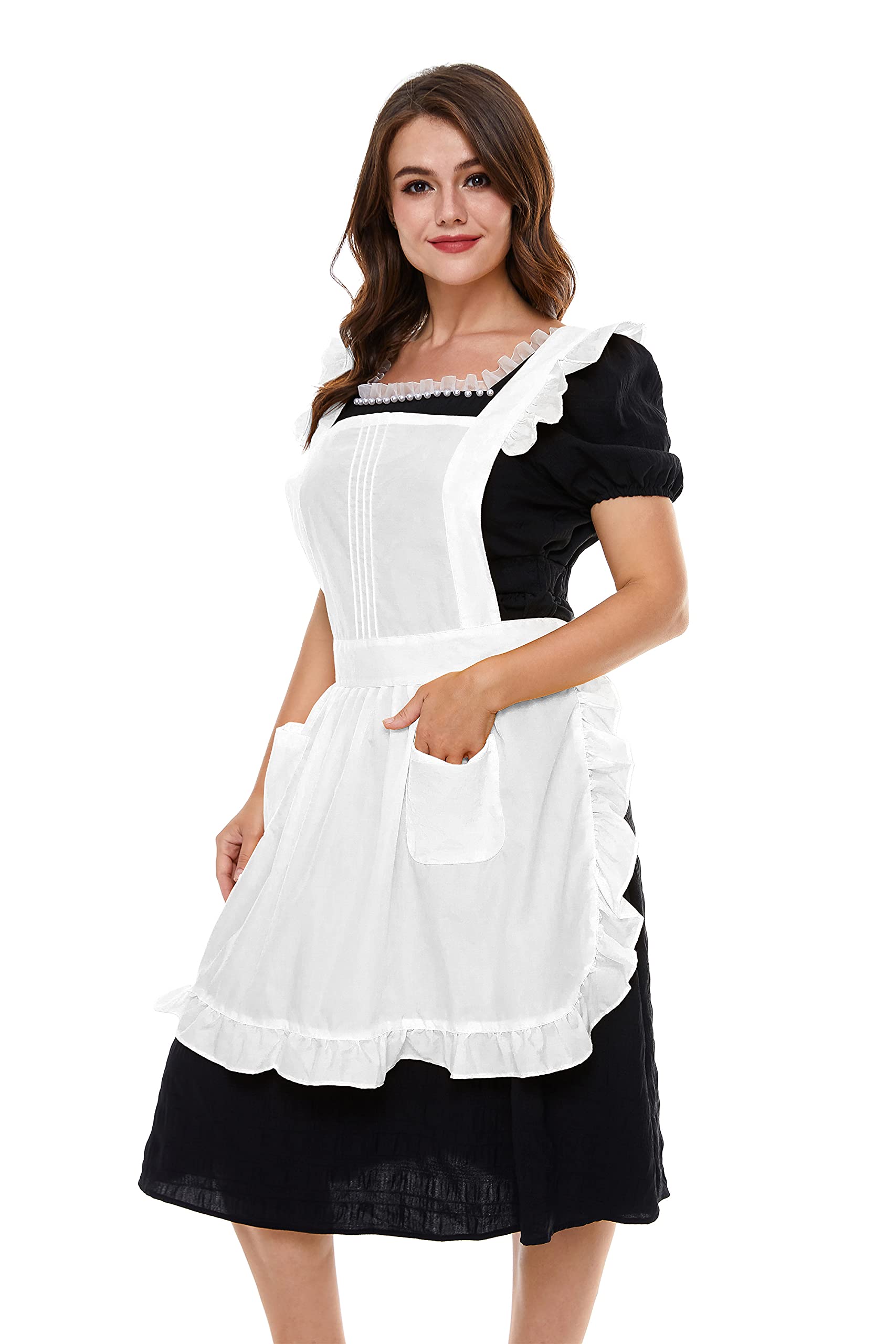 LilMents Retro Adjustable Ruffle Apron with Pockets, Small to Plus Size Ladies (White)