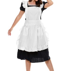 LilMents Retro Adjustable Ruffle Apron with Pockets, Small to Plus Size Ladies (White)