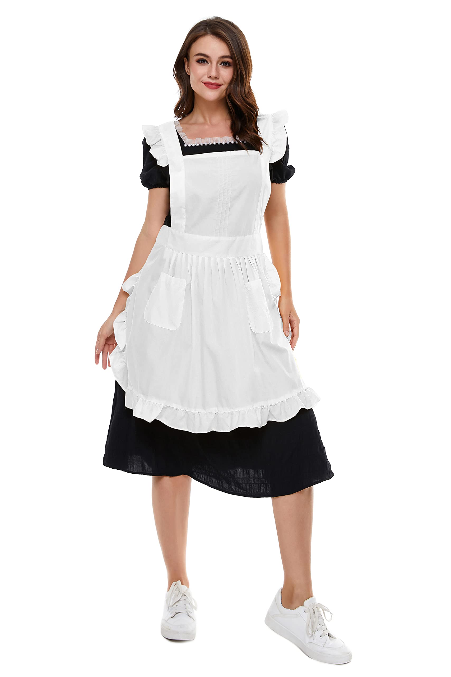 LilMents Retro Adjustable Ruffle Apron with Pockets, Small to Plus Size Ladies (White)