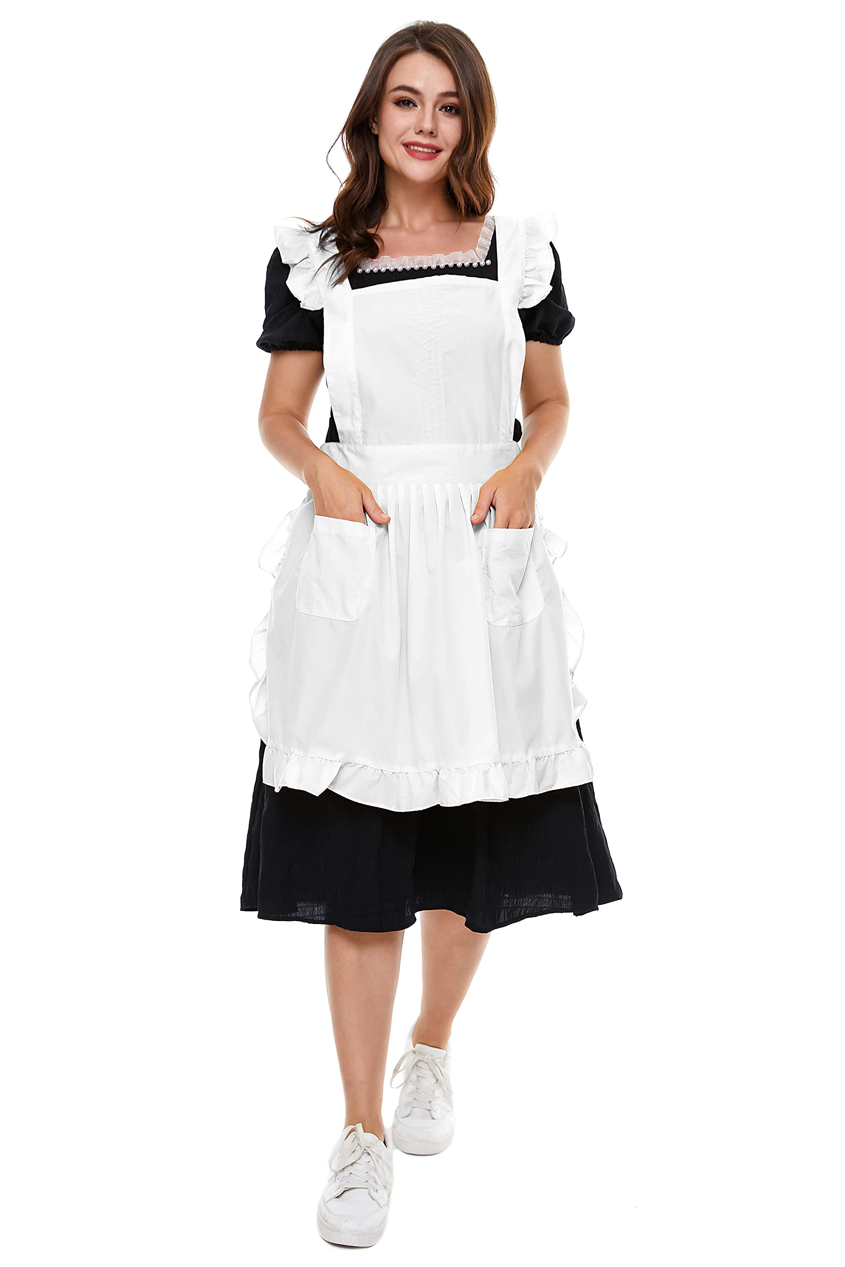 LilMents Retro Adjustable Ruffle Apron with Pockets, Small to Plus Size Ladies (White)