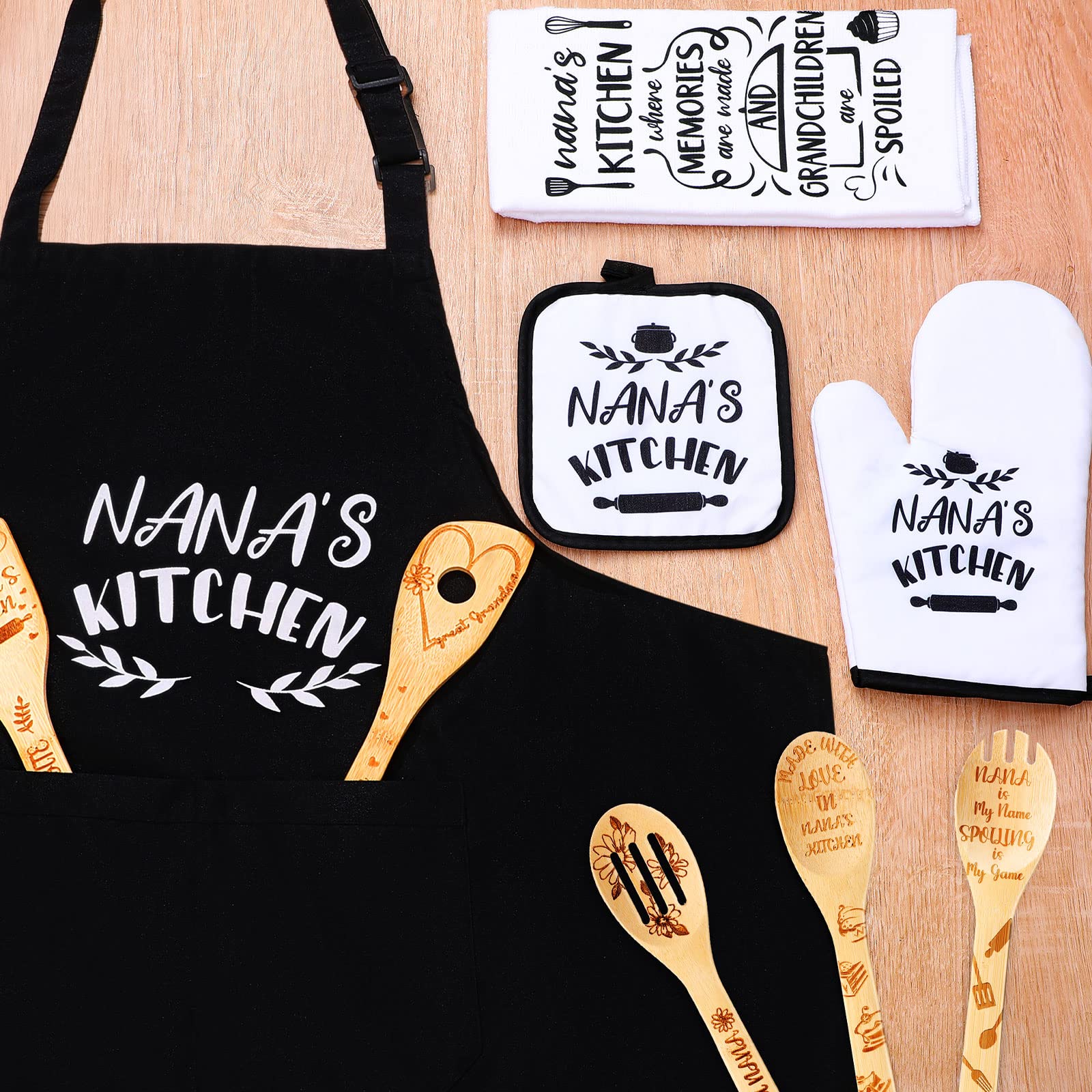 Vicenpal 10 Pcs Nana Gifts Set Including Cotton Apron Tea Towel Bamboo Kitchen Cooking Spatula Pot Holders Oven Mitt Nana Birthday Christmas Holiday Favor