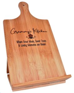 grammy gift recipe cookbook holder stand - engraved bamboo cutting board foldable chef easel metal hinges kickstand ipad tablet compatible christmas birthday mother's day kitchen decor (7.25x13.5)