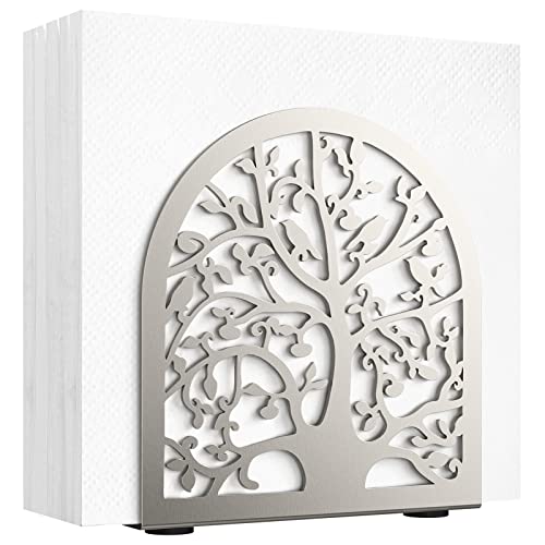 Housolution Napkin Holder, Tree & Bird Design Metal Napkin Holder for Kitchen and Table, Freestanding Modern Napkins Holder for Home & Picnic Party, Silver