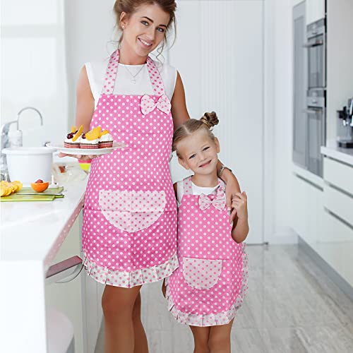 Homgaty Toddler and Mommy Apron, Princess Bowknot Girls Kitchen Apron with Pocket Chef Apron for Women and Kids Baking Cook Painting Party with 2 Layers Cloth Parent-Child Set