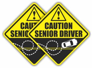 2 funny prank caution senior driver car magnet sign gag gifts for elderly women, men, new drivers & student drivers, great joke gift for over 40 & 50 year old people & other ufo driving life forms