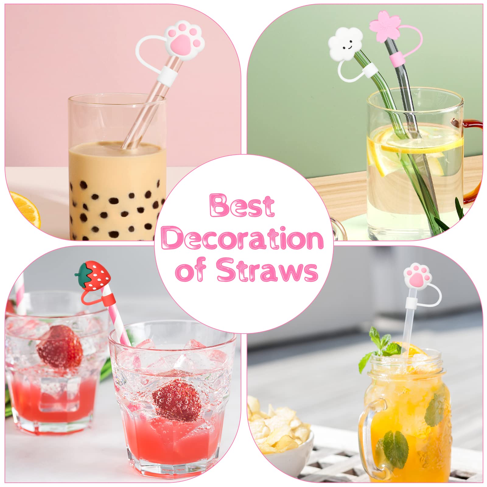 AUAUY Straw Covers, Silicone Straw Tips Covers, Reusable Drinking Straw Covers Plugs Dust-Proof Drinking Straw Cover, Straw Protector Cover Cherry Blossom Cloud Straw Cover for 7-8mm Straw - 4PCS