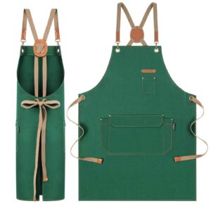 rockytoy chef apron with pockets, cotton canvas apron for artists painting, kitchen cooking for men and women, adjustable size s-xxl, green