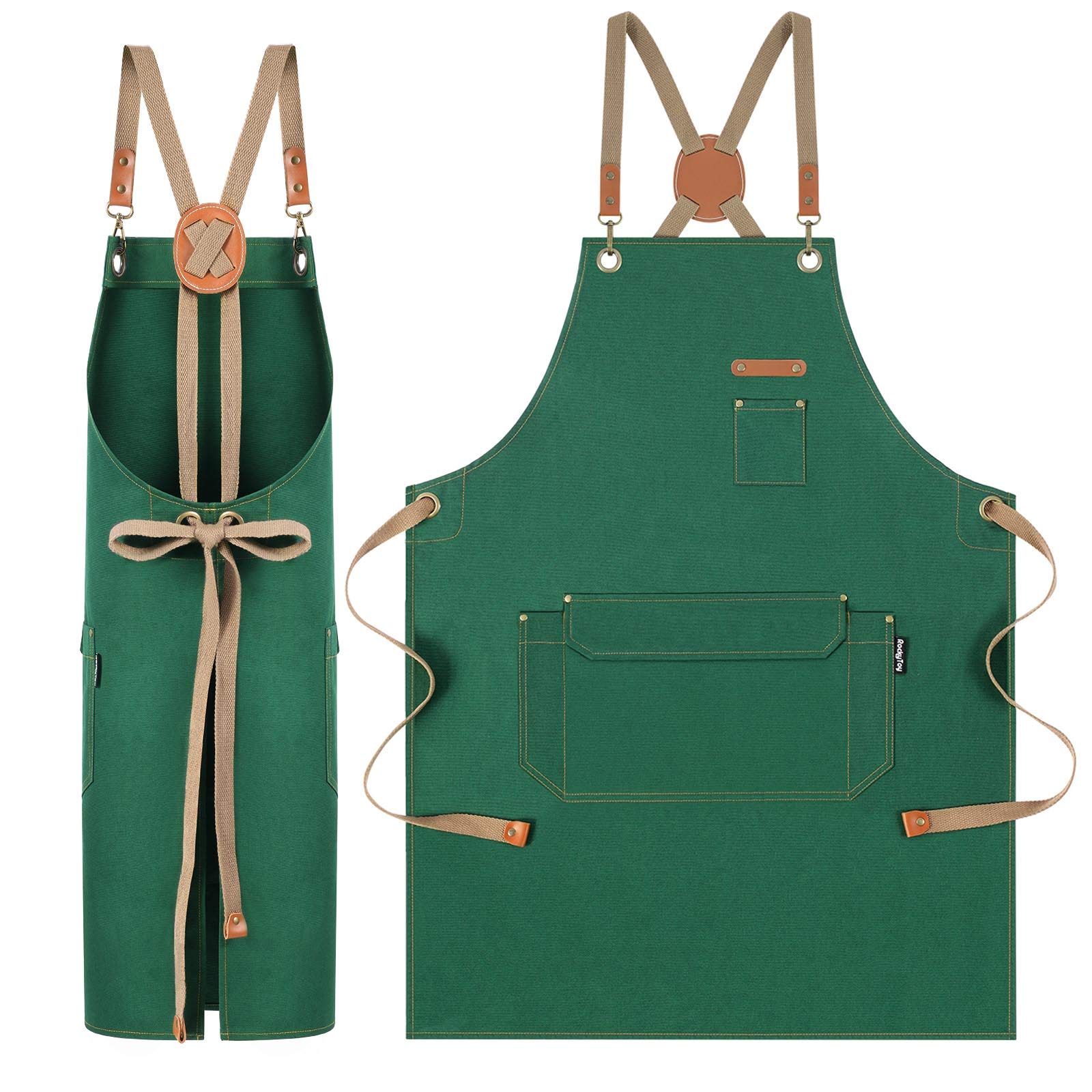 RockyToy Chef Apron with Pockets, Cotton Canvas Apron for Artists Painting, Kitchen Cooking for Men and Women, Adjustable Size S-XXL, Green