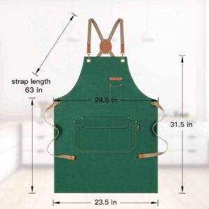 RockyToy Chef Apron with Pockets, Cotton Canvas Apron for Artists Painting, Kitchen Cooking for Men and Women, Adjustable Size S-XXL, Green