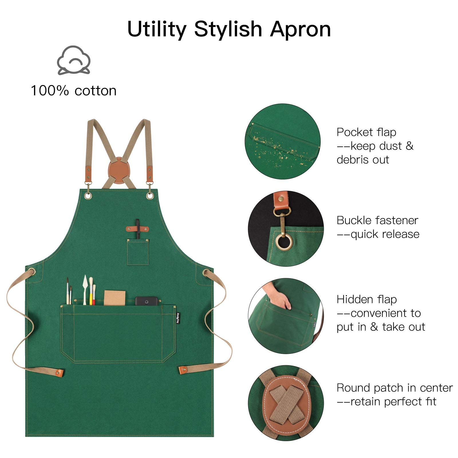 RockyToy Chef Apron with Pockets, Cotton Canvas Apron for Artists Painting, Kitchen Cooking for Men and Women, Adjustable Size S-XXL, Green