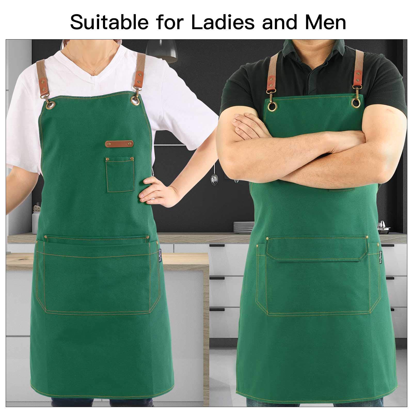 RockyToy Chef Apron with Pockets, Cotton Canvas Apron for Artists Painting, Kitchen Cooking for Men and Women, Adjustable Size S-XXL, Green