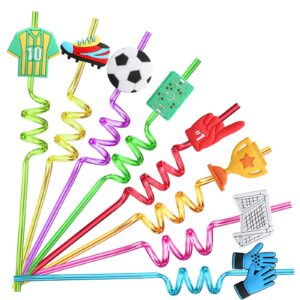 AFZMON 24 PCS Soccer Drinking Straws Reusable Soccer Ball Grass Plastic Beverages Cocktail Straw with Cartoon Decoration for Kids Sports Football Party Supplies for Birthday Party Favors