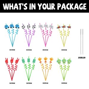 AFZMON 24 PCS Soccer Drinking Straws Reusable Soccer Ball Grass Plastic Beverages Cocktail Straw with Cartoon Decoration for Kids Sports Football Party Supplies for Birthday Party Favors