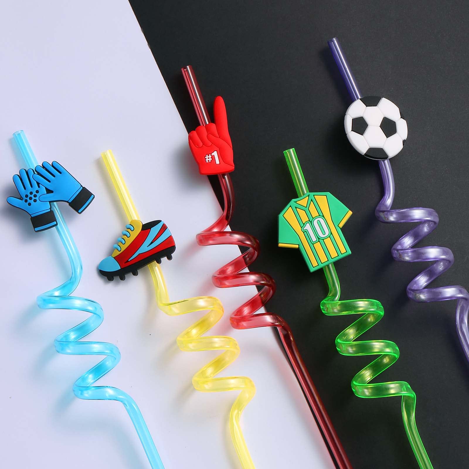 AFZMON 24 PCS Soccer Drinking Straws Reusable Soccer Ball Grass Plastic Beverages Cocktail Straw with Cartoon Decoration for Kids Sports Football Party Supplies for Birthday Party Favors