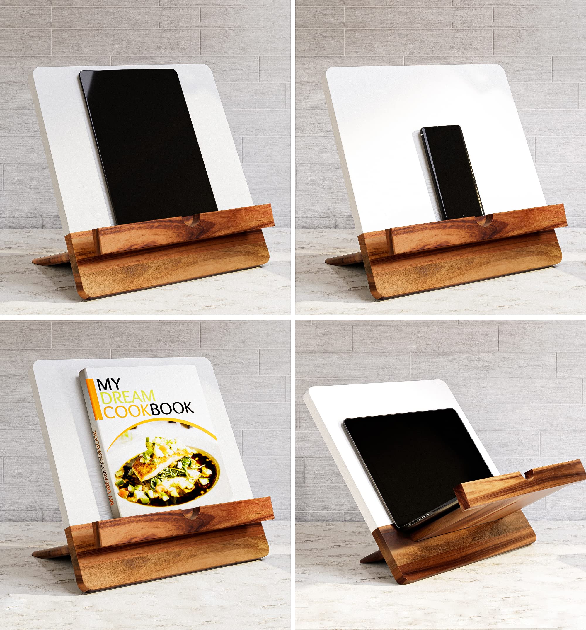 Cookbook Stand for Kitchen Counter - 12" x 12" Large Adjustable Acacia Wood Book Stand for Cookbooks - Recipe Book Holder Stand for Kitchen - Cook Book Stand for Kitchen - Wooden Cookbook Holder Stand