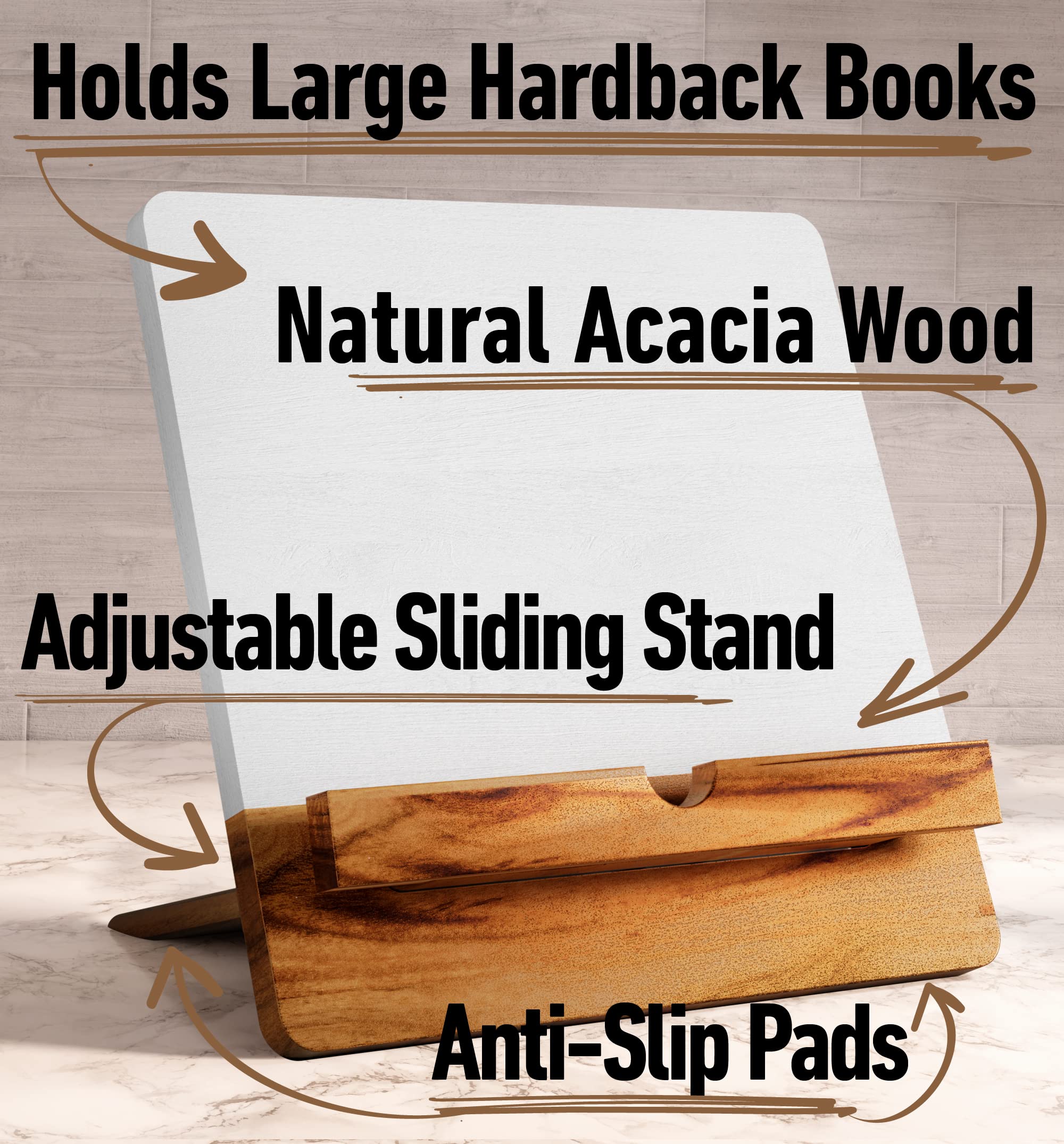 Cookbook Stand for Kitchen Counter - 12" x 12" Large Adjustable Acacia Wood Book Stand for Cookbooks - Recipe Book Holder Stand for Kitchen - Cook Book Stand for Kitchen - Wooden Cookbook Holder Stand