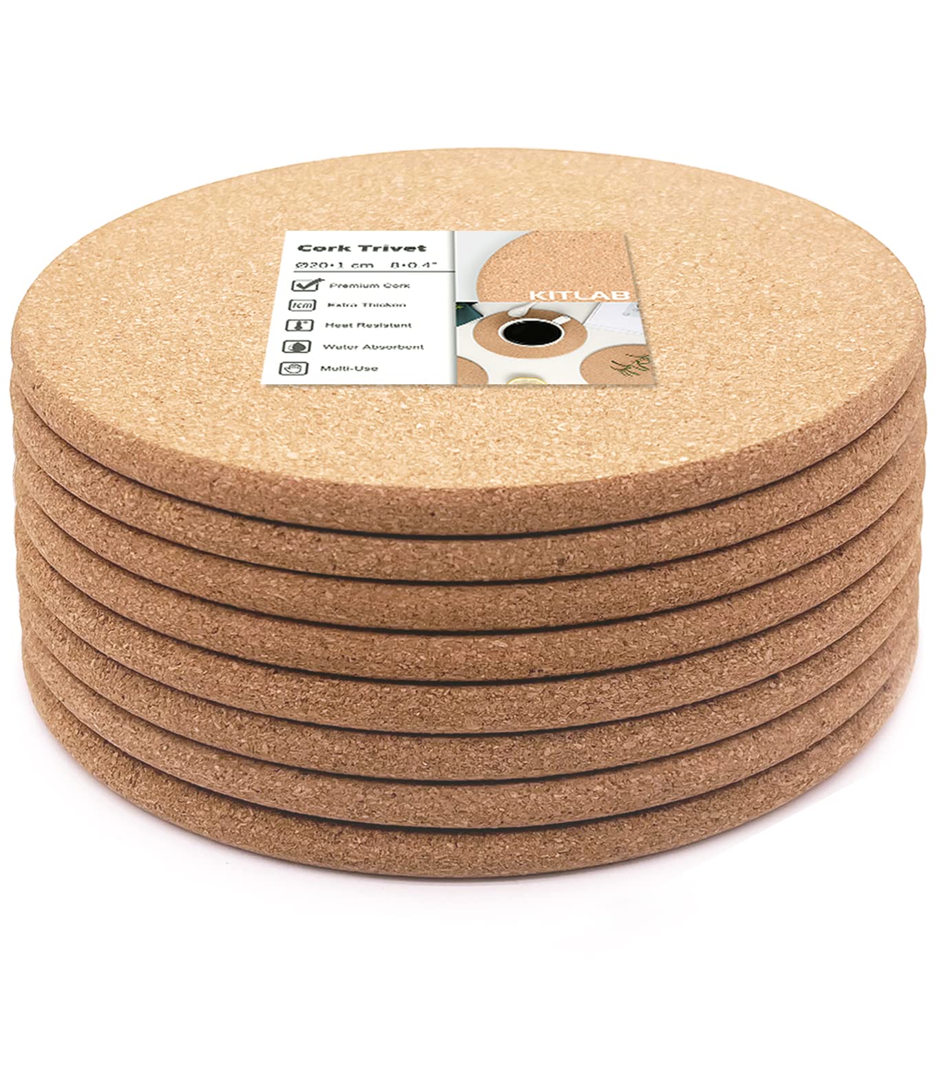 KITLAB Cork Trivet, 8 Pack High Density Thick Cork Trivets for Hot Dishes, 8 Inch Heat Resistant Multifunctional Cork Coaster, Cork Hot Pads for Table & Countertop