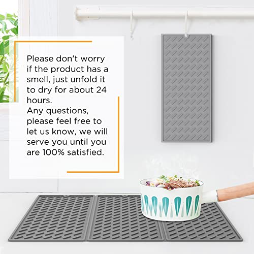 SOSMAR Silicone Drying Mat, 24” x 16”, Dish Drying Mat, Trifold Large Dish Drainer Mat for Kitchen Counter, Heat Resistant Hot Pot Holder, Non-Slip Silicone Sink Mat, BPA Free, Dish Washer Safe, Gray