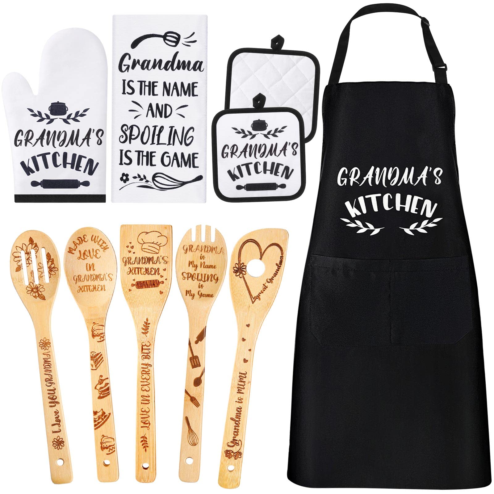 Leyndo 10 Pcs Grandma Gifts Set Including Grandma Apron Grandmother Tea Towel Tea Spoon Pot Holders Oven Mitt Bamboo Kitchen Cooking Spatula for Women Baking