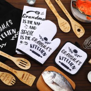 Leyndo 10 Pcs Grandma Gifts Set Including Grandma Apron Grandmother Tea Towel Tea Spoon Pot Holders Oven Mitt Bamboo Kitchen Cooking Spatula for Women Baking