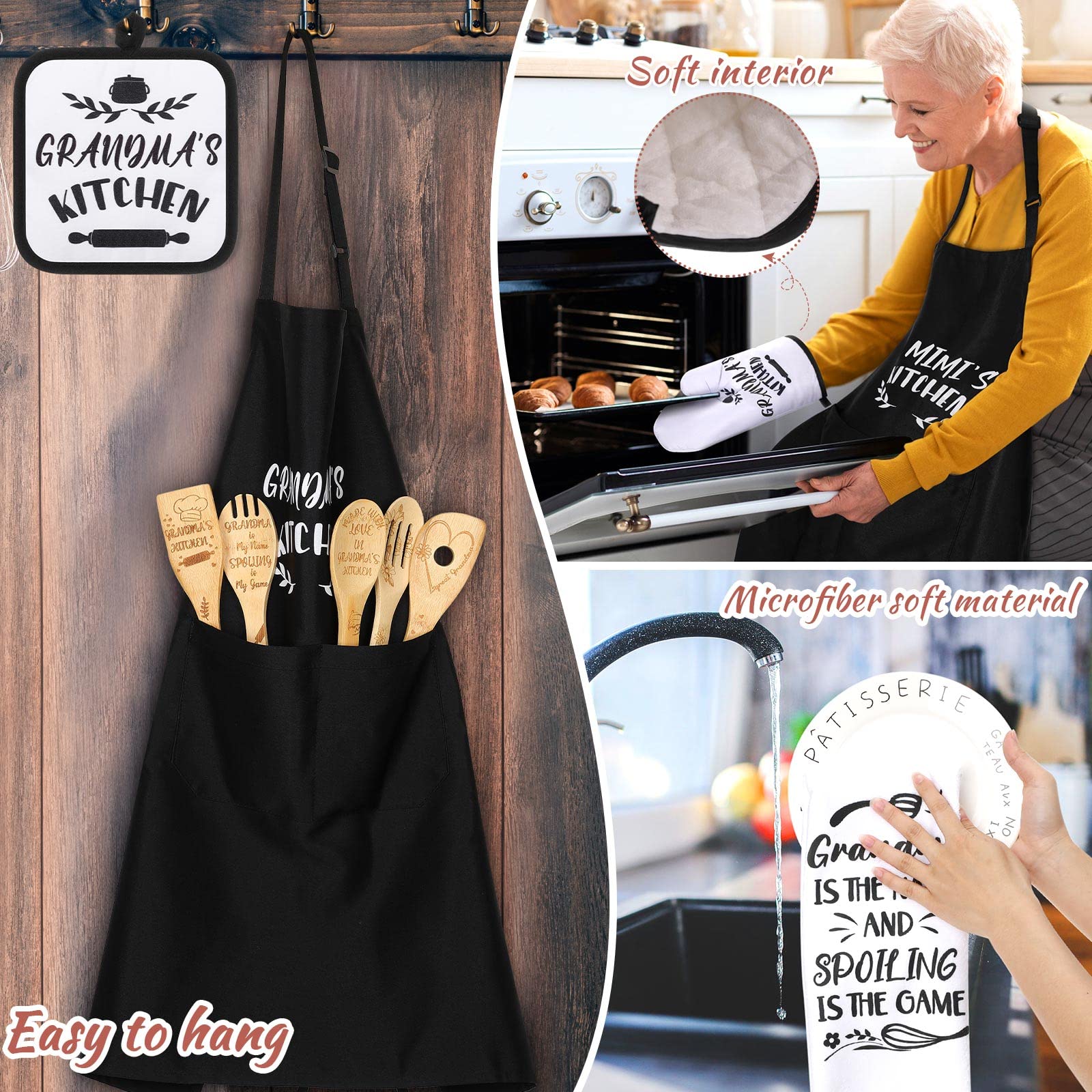 Leyndo 10 Pcs Grandma Gifts Set Including Grandma Apron Grandmother Tea Towel Tea Spoon Pot Holders Oven Mitt Bamboo Kitchen Cooking Spatula for Women Baking