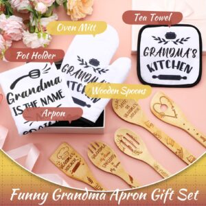 Leyndo 10 Pcs Grandma Gifts Set Including Grandma Apron Grandmother Tea Towel Tea Spoon Pot Holders Oven Mitt Bamboo Kitchen Cooking Spatula for Women Baking