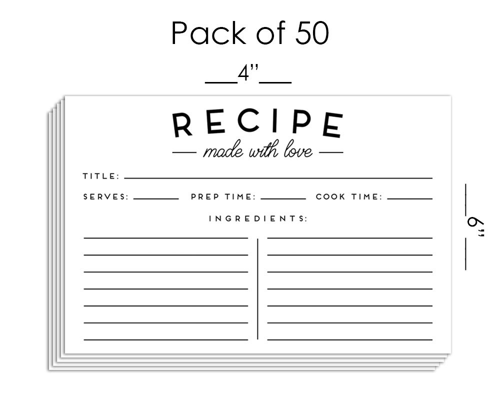 Set of 50 Premium Recipe Cards - 4x6 Double Sided - Black and White Modern Style