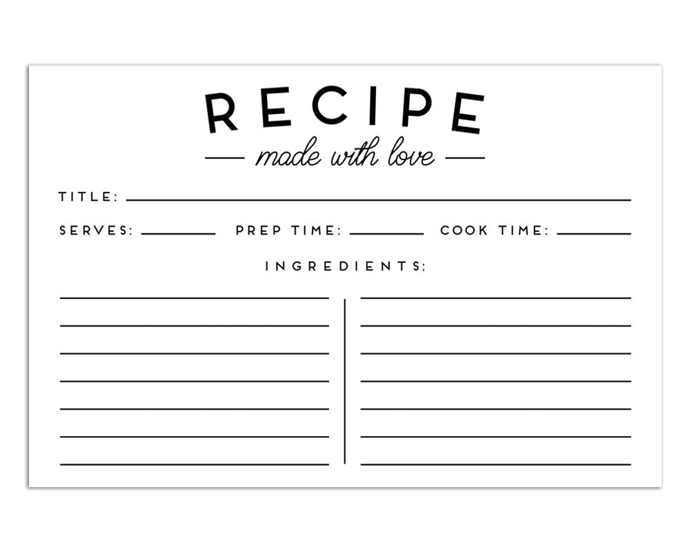 Set of 50 Premium Recipe Cards - 4x6 Double Sided - Black and White Modern Style