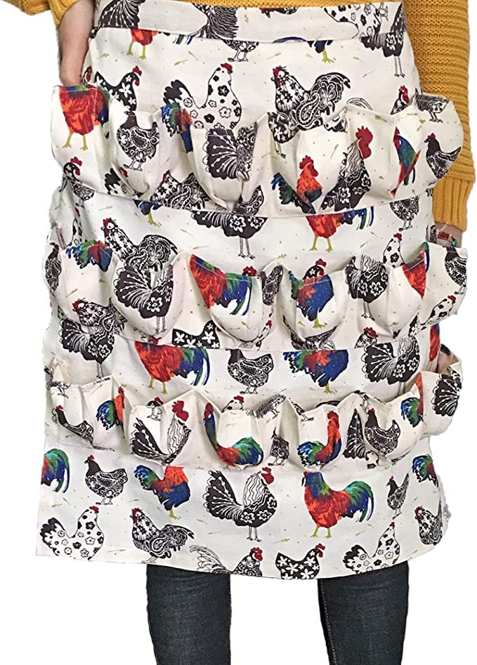 ETIUC Durable Egg Gathering Apron 18 Deep Pockets Canvas Fabric for Duck Goose Quail Dove Eggs Holder Easter Egg Collecting Apron Chicken Coop Tool Hen Rooster Print