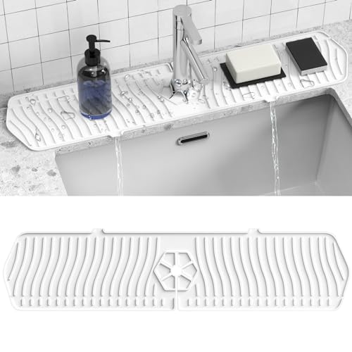 Toovem Silicone Sink Splash Guard, 24-inch Faucet Mat, Faucet Handle Drip Catcher Tray, Keep Kitchen and Bathroom Sinks Dry, White, 1PCS