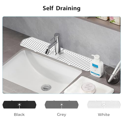 Toovem Silicone Sink Splash Guard, 24-inch Faucet Mat, Faucet Handle Drip Catcher Tray, Keep Kitchen and Bathroom Sinks Dry, White, 1PCS