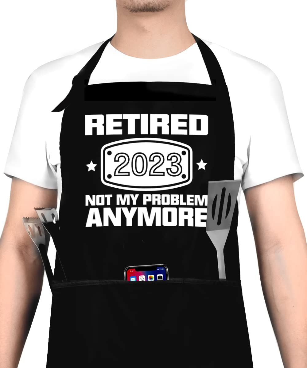 2023 Retirement Gift Apron for Men and Women, Funny Retired 2023 Not My Problem Any More - Cooking Apron Gift, Happy Retirement Gifts for Chef, Husband, Wife, Dad, Mom, Friends Black