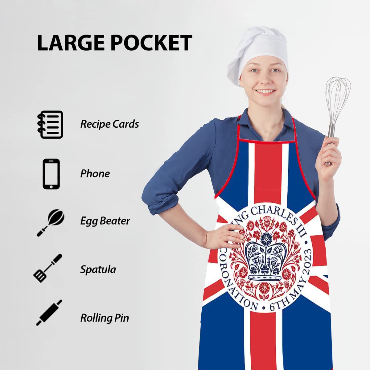 King Charles Coronation Baking Apron, Union Jack Printed Cooking Aprons Union Jack Cooking Cover for King Charles III Coronation Party Baking BBQ Garden Street Party Commemorative Souvenir (C)