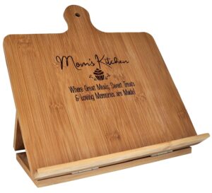 mom gift cookbook stand recipe holder - custom engraved bamboo cutting board foldable chef easel metal hinge kickstand ipad tablet compatible christmas birthday mothers day kitchen decor (10.25x10.25)