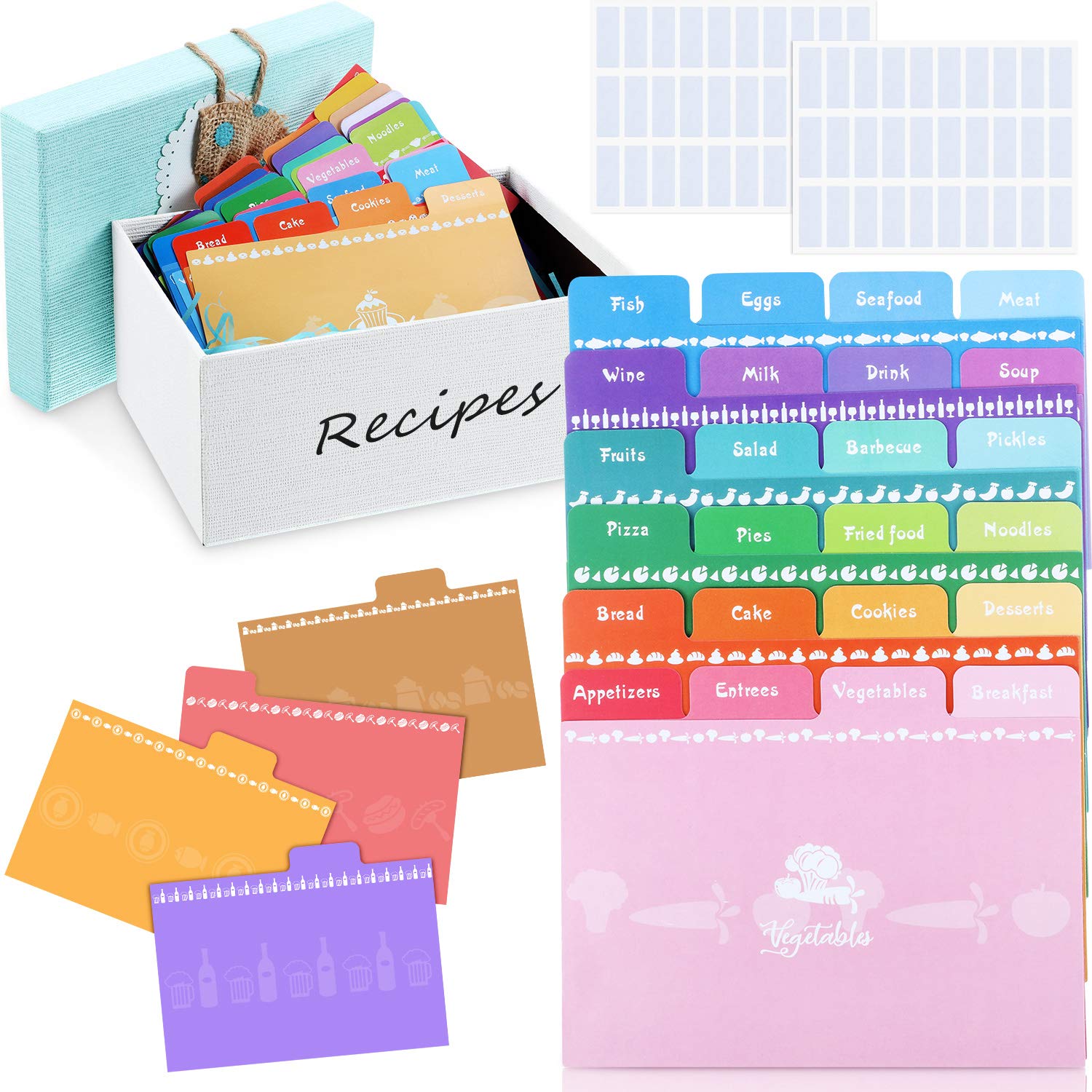 Outus 36 Pieces Recipe Card Dividers Tabs Include 24 Labelled and 12 Blank Tabs 60 Adhesive Labels Fit 4 x 6 Inch Cards for Recipe Box Organize (Bright Style)