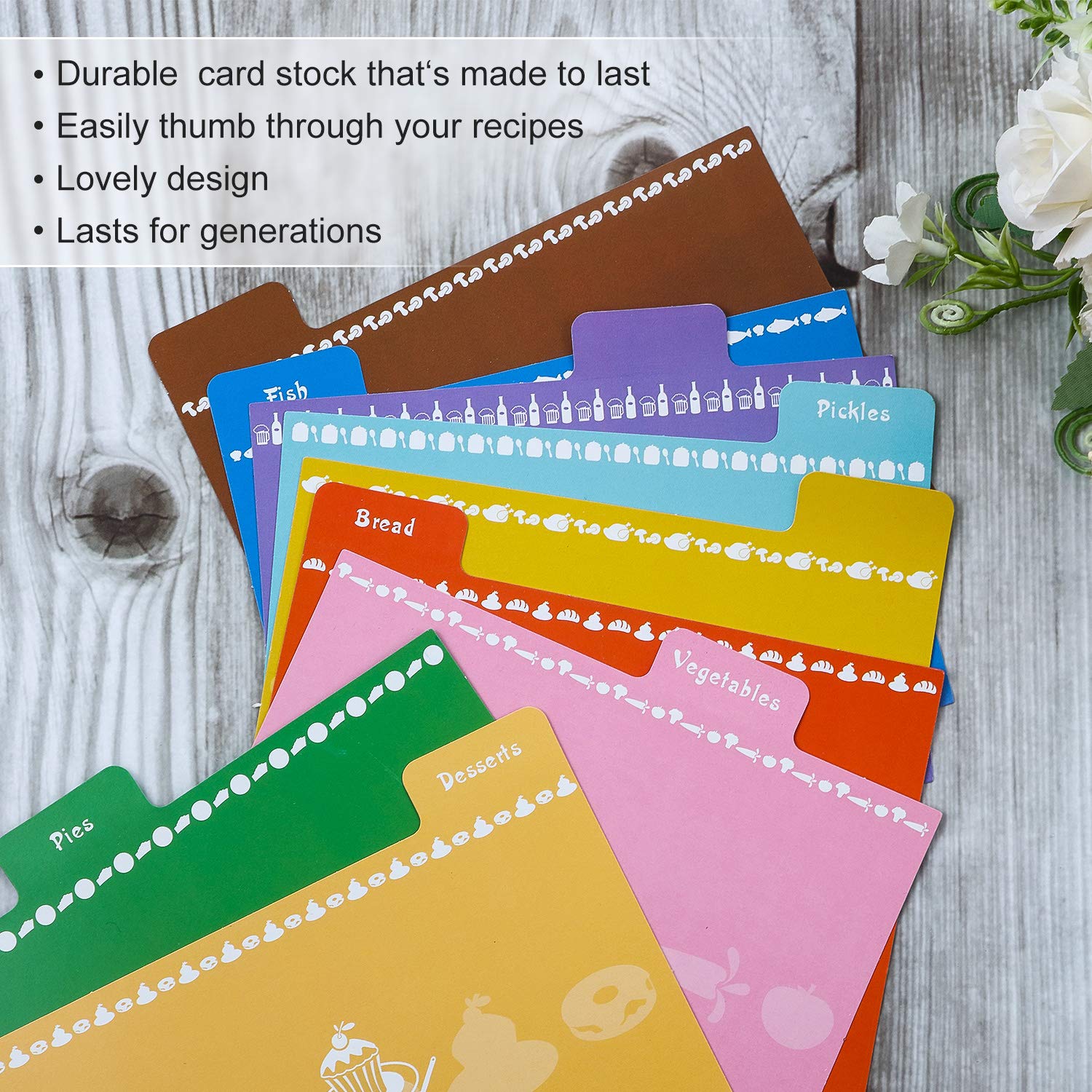 Outus 36 Pieces Recipe Card Dividers Tabs Include 24 Labelled and 12 Blank Tabs 60 Adhesive Labels Fit 4 x 6 Inch Cards for Recipe Box Organize (Bright Style)