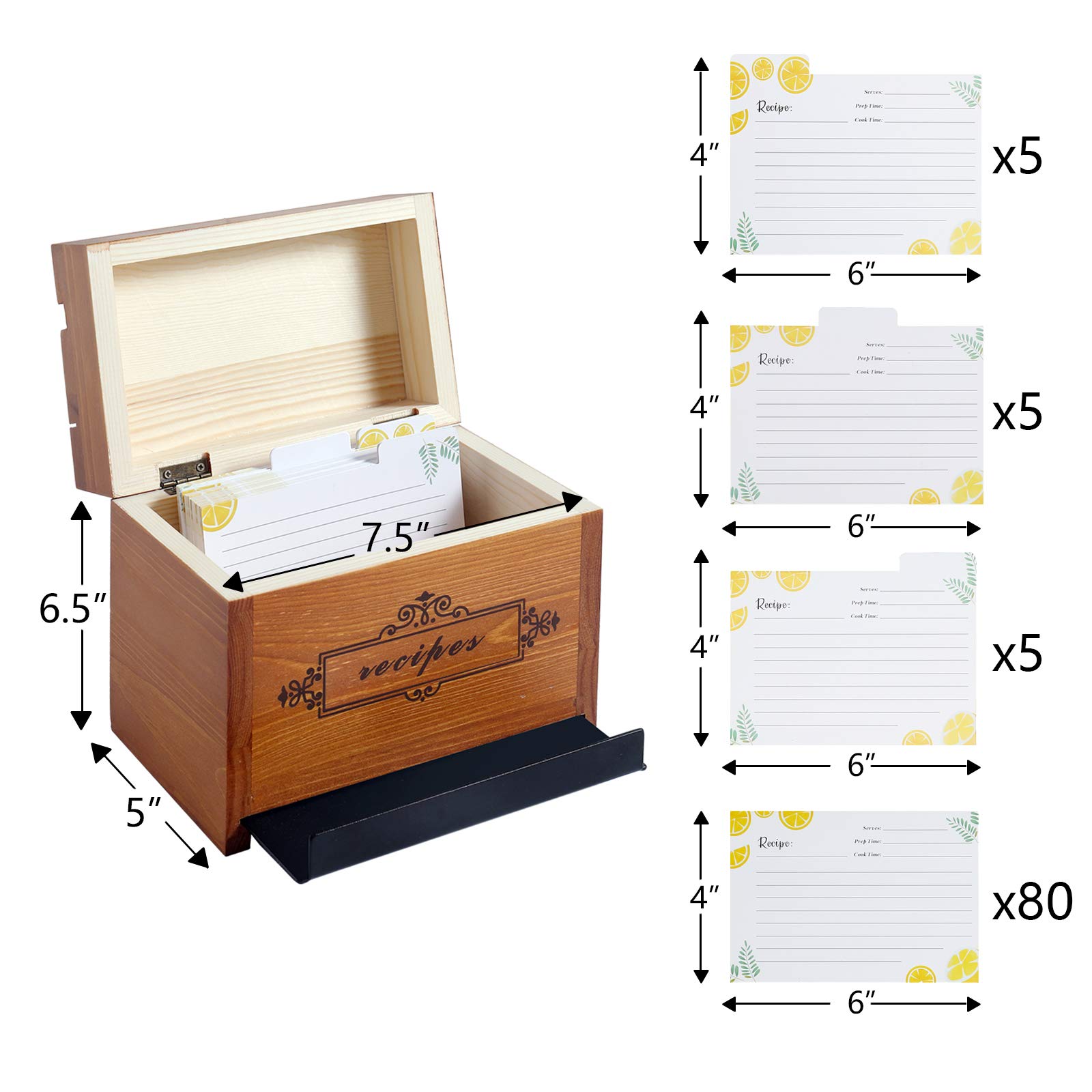 WELLAND Wood Recipe Box with 4 x 6 Inches Cards, Phone Slot on the Top, Pull-out iPad Holder Stand, Card Dividers with Tap