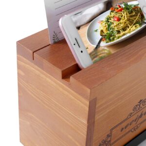 WELLAND Wood Recipe Box with 4 x 6 Inches Cards, Phone Slot on the Top, Pull-out iPad Holder Stand, Card Dividers with Tap