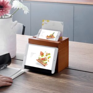 WELLAND Wood Recipe Box with 4 x 6 Inches Cards, Phone Slot on the Top, Pull-out iPad Holder Stand, Card Dividers with Tap