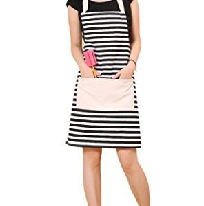 FirstKitchen Kitchen Apron Women, Canvas Apron with Pockets, Black and White Striped Apron, Cooking Aprons for Women, Men Chef, Kitchen Bib Apron for Baking, Grilling and Gardening