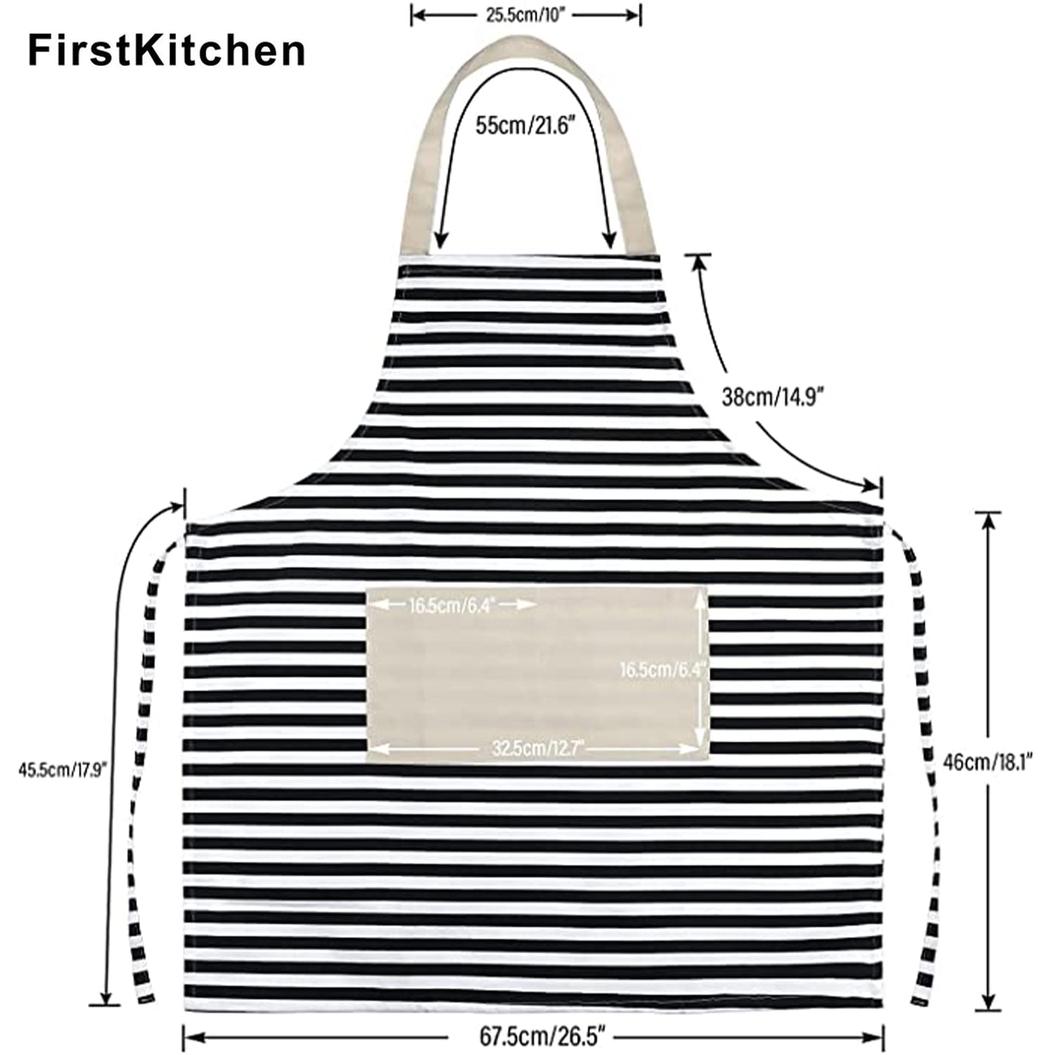 FirstKitchen Kitchen Apron Women, Canvas Apron with Pockets, Black and White Striped Apron, Cooking Aprons for Women, Men Chef, Kitchen Bib Apron for Baking, Grilling and Gardening