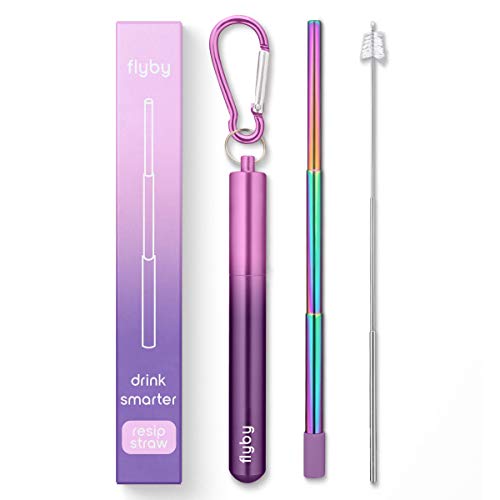 Flyby Portable Reusable Drinking Straws | Collapsible & Foldable Telescopic Stainless Steel Metal Straw Dispenser | Final Aluminum Case, Long Cleaning Brush, Silicone Tip | Pink & Purple | 1-Pack