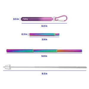 Flyby Portable Reusable Drinking Straws | Collapsible & Foldable Telescopic Stainless Steel Metal Straw Dispenser | Final Aluminum Case, Long Cleaning Brush, Silicone Tip | Pink & Purple | 1-Pack