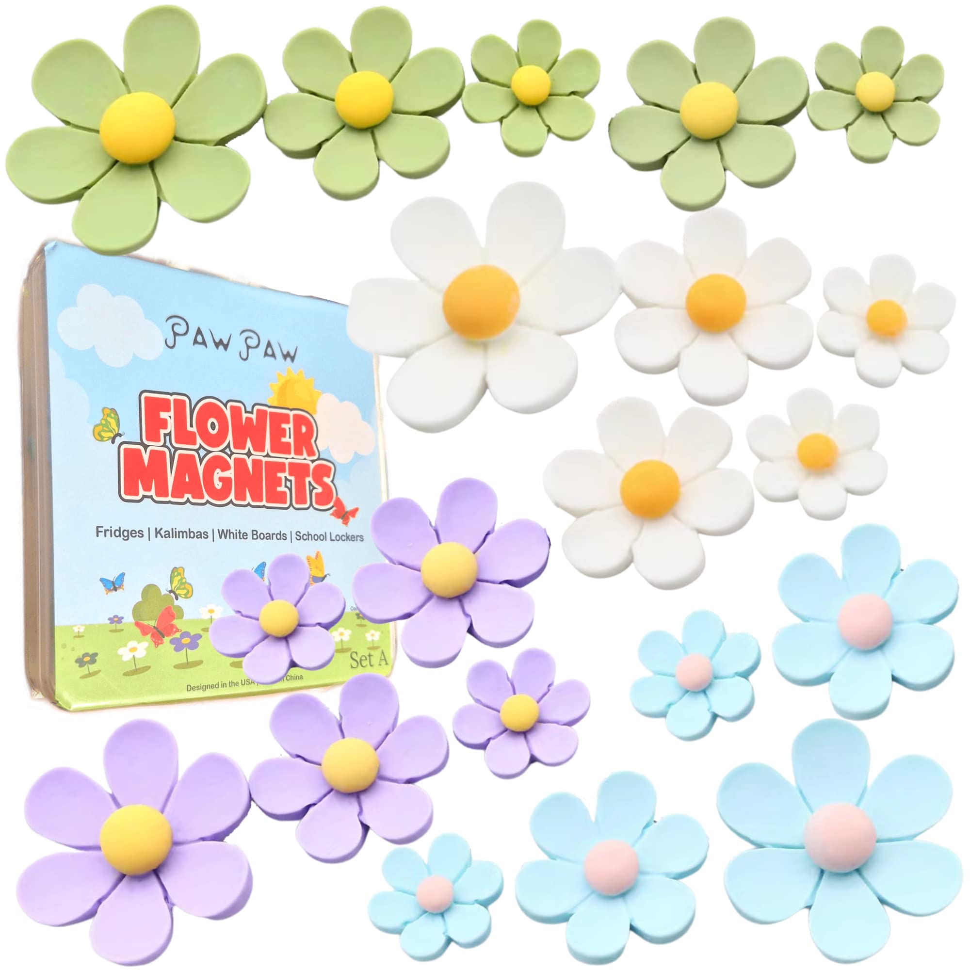 Cute Flower Fridge Magnets 20-Pack (4 Colors, 3 Sizes) 3D Strong Magnets for Fridge, whiteboards, lockers, Office. (Purple, Blue, Green, White) Set A