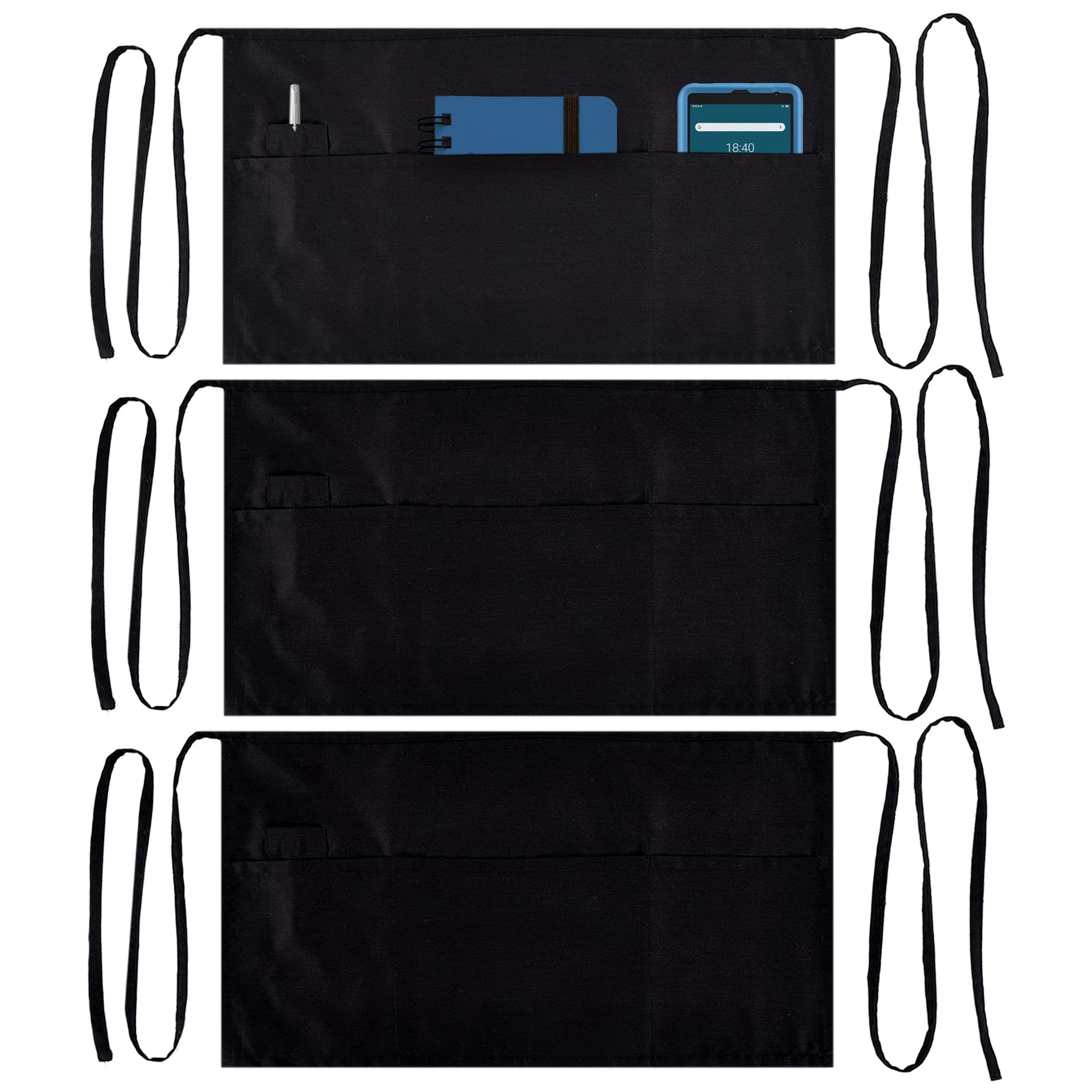 Dreamology Waist Apron, Server Apron With 4 Pockets, Waitress Apron for Women Men Kitchen Home, Chef Apron, Waiter Apron, Water Resistant with Long Waist Strap (Black - 3 Pack)